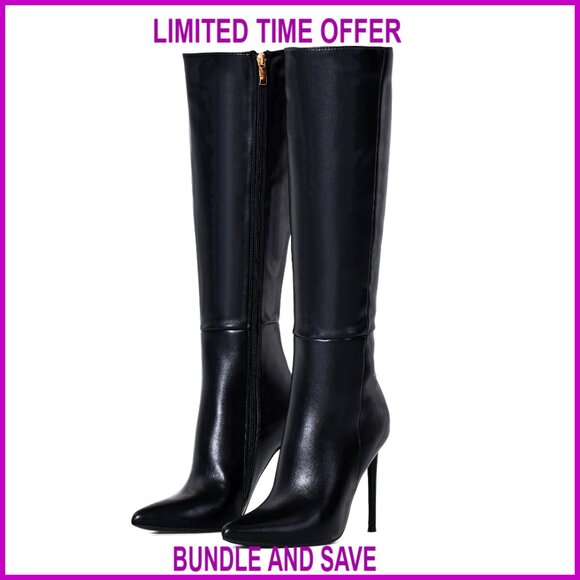 4 Inch Stiletto Knee High Boots Pointed Toe Leather Suede Heels